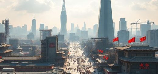 Create a high-definition image depicting a futuristic Chinese megacity in the 1960s vision, blending traditional Communist elements with high-tech modernity. The skyline should be filled with towering skyscrapers, vibrant factories, and bustling street scenes showcasing a diverse population engaging in industrious activities. Include hints of both optimism and complexity, such as advanced trains and green energy innovations juxtaposed with traditional cultural motifs, under a bright, hopeful sky that symbolizes potential and transformation.