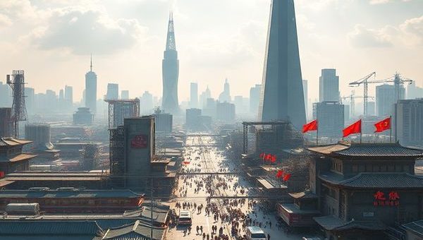 Create a high-definition image depicting a futuristic Chinese megacity in the 1960s vision, blending traditional Communist elements with high-tech modernity. The skyline should be filled with towering skyscrapers, vibrant factories, and bustling street scenes showcasing a diverse population engaging in industrious activities. Include hints of both optimism and complexity, such as advanced trains and green energy innovations juxtaposed with traditional cultural motifs, under a bright, hopeful sky that symbolizes potential and transformation.