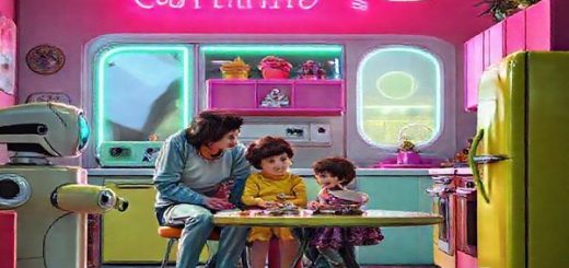 A vibrant 1950s scene depicting a futuristic family engaged in conscious parenting, surrounded by retro technology like a robot helper, colorful appliances, and a cozy kitchen. The family members are deep in thoughtful conversation, showing emotional connection and warmth. Neon lights from outside reflect optimism and modernity, capturing the spirit of the era. High definition.