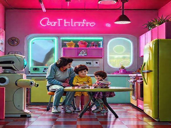 A vibrant 1950s scene depicting a futuristic family engaged in conscious parenting, surrounded by retro technology like a robot helper, colorful appliances, and a cozy kitchen. The family members are deep in thoughtful conversation, showing emotional connection and warmth. Neon lights from outside reflect optimism and modernity, capturing the spirit of the era. High definition.
