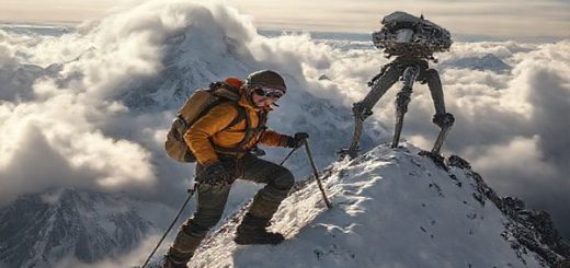 A dramatic 1940s-inspired mountaineering scene showcasing a climber in vintage gear, surrounded by swirling clouds, scaling a majestic peak. The climber embodies both the human spirit and technological ambition, with elements like lightweight alloys and a fantastical powered exoskeleton in the background. Capture the essence of adventure and community against a backdrop of rugged mountains, evoking nostalgia and a vision for the future. High definition.