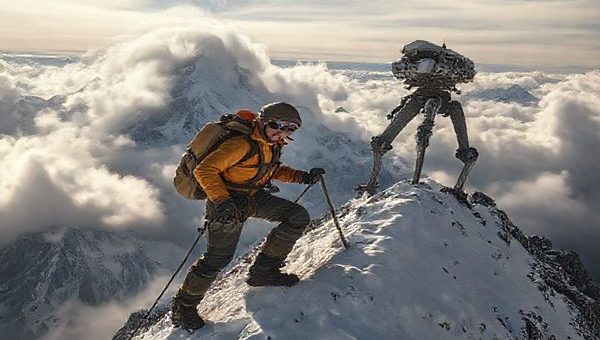 A dramatic 1940s-inspired mountaineering scene showcasing a climber in vintage gear, surrounded by swirling clouds, scaling a majestic peak. The climber embodies both the human spirit and technological ambition, with elements like lightweight alloys and a fantastical powered exoskeleton in the background. Capture the essence of adventure and community against a backdrop of rugged mountains, evoking nostalgia and a vision for the future. High definition.