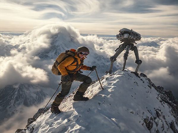 A dramatic 1940s-inspired mountaineering scene showcasing a climber in vintage gear, surrounded by swirling clouds, scaling a majestic peak. The climber embodies both the human spirit and technological ambition, with elements like lightweight alloys and a fantastical powered exoskeleton in the background. Capture the essence of adventure and community against a backdrop of rugged mountains, evoking nostalgia and a vision for the future. High definition.