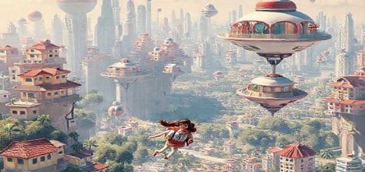 A 1950s-inspired futuristic cityscape filled with floating homes and children joyfully wearing jetpacks as they soar to school. Vibrant colors and whimsical designs highlight the optimistic vision of technology, featuring sleek gadgets and whimsical inventions in a harmonious, bustling environment. Capture the essence of mid-century dreams blending with imaginative architecture. Create in high definition.