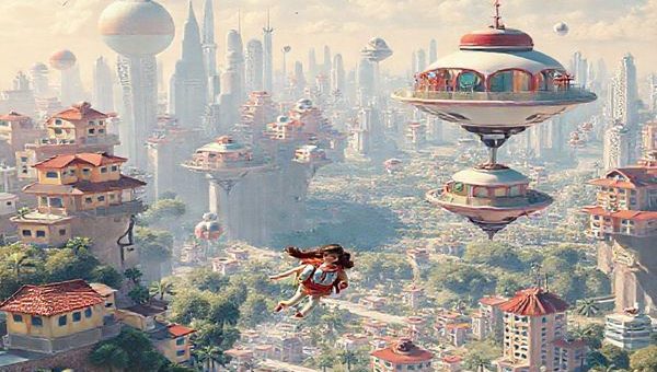 A 1950s-inspired futuristic cityscape filled with floating homes and children joyfully wearing jetpacks as they soar to school. Vibrant colors and whimsical designs highlight the optimistic vision of technology, featuring sleek gadgets and whimsical inventions in a harmonious, bustling environment. Capture the essence of mid-century dreams blending with imaginative architecture. Create in high definition.