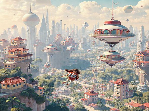 A 1950s-inspired futuristic cityscape filled with floating homes and children joyfully wearing jetpacks as they soar to school. Vibrant colors and whimsical designs highlight the optimistic vision of technology, featuring sleek gadgets and whimsical inventions in a harmonious, bustling environment. Capture the essence of mid-century dreams blending with imaginative architecture. Create in high definition.