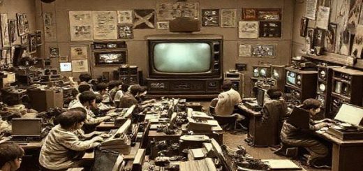 A nostalgic 1950s newsroom bustling with activity, featuring journalists using retro typewriters and crowded around a large black-and-white TV, while futuristic gadgets inspired by sci-fi literature peek through the decor. The scene blends sepia tones with vibrant colors hinting at digital devices and social media elements in the background, symbolizing the evolution from traditional news to modern social networks. High definition.