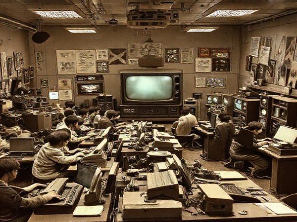 A nostalgic 1950s newsroom bustling with activity, featuring journalists using retro typewriters and crowded around a large black-and-white TV, while futuristic gadgets inspired by sci-fi literature peek through the decor. The scene blends sepia tones with vibrant colors hinting at digital devices and social media elements in the background, symbolizing the evolution from traditional news to modern social networks. High definition.