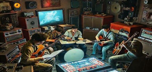 "Visualize a vibrant 1940s music studio, filled with eclectic electronic instruments and futuristic gadgets, highlighting the excitement of a new musical era. A diverse group of musicians, dressed in period attire, collaborate around a glowing synthesizer, blending traditional instruments with avant-garde technology. Vintage radios and film projectors play in the background, casting warm light over the scene, evoking a sense of creativity and transformation. High definition."