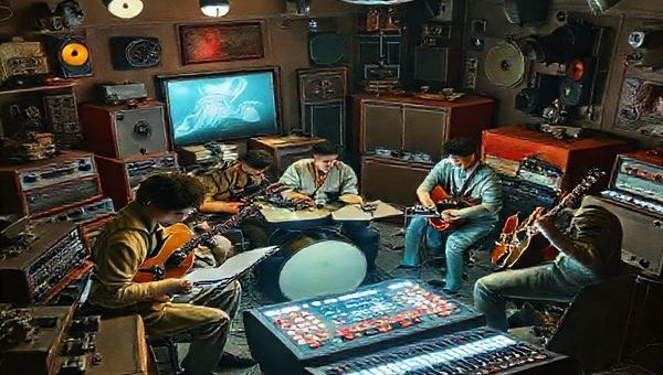 "Visualize a vibrant 1940s music studio, filled with eclectic electronic instruments and futuristic gadgets, highlighting the excitement of a new musical era. A diverse group of musicians, dressed in period attire, collaborate around a glowing synthesizer, blending traditional instruments with avant-garde technology. Vintage radios and film projectors play in the background, casting warm light over the scene, evoking a sense of creativity and transformation. High definition."