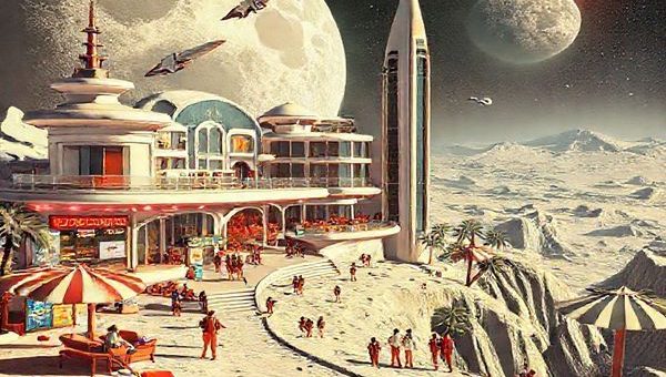 A vibrant, retro-futuristic scene depicting a 1960s-inspired moon hotel with sleek architecture and jetpacks soaring above, while tourists experience leisure activities on the lunar surface. Include whimsical elements like a futuristic transportation hub with rockets, colorful space-age advertisements, and an Earth view in the background. The entire image should be rich in detail and high definition, capturing the optimism and imagination of the era.