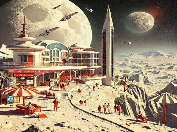 A vibrant, retro-futuristic scene depicting a 1960s-inspired moon hotel with sleek architecture and jetpacks soaring above, while tourists experience leisure activities on the lunar surface. Include whimsical elements like a futuristic transportation hub with rockets, colorful space-age advertisements, and an Earth view in the background. The entire image should be rich in detail and high definition, capturing the optimism and imagination of the era.
