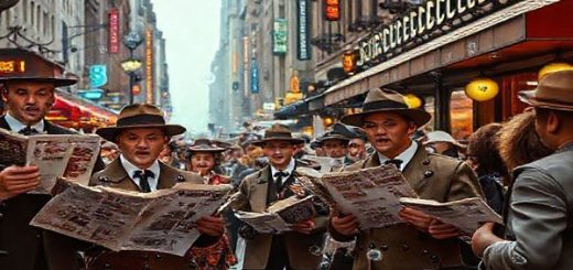 **High definition image prompt:** Capture a vibrant 1920s street scene featuring newsboys eagerly shouting headlines while surrounded by flappers in stylish dresses and men in fedoras. Include a backdrop of vintage radios and bustling cafés, with a dreamy overlay of futuristic digital elements like smartphones and social media icons, symbolizing the evolution of journalism through time. The juxtaposition of past and future should be clear, embodying the spirit of optimism and anticipation of the 1920s, all in high definition.