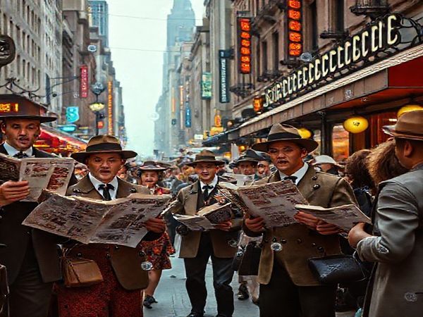 **High definition image prompt:** Capture a vibrant 1920s street scene featuring newsboys eagerly shouting headlines while surrounded by flappers in stylish dresses and men in fedoras. Include a backdrop of vintage radios and bustling cafés, with a dreamy overlay of futuristic digital elements like smartphones and social media icons, symbolizing the evolution of journalism through time. The juxtaposition of past and future should be clear, embodying the spirit of optimism and anticipation of the 1920s, all in high definition.