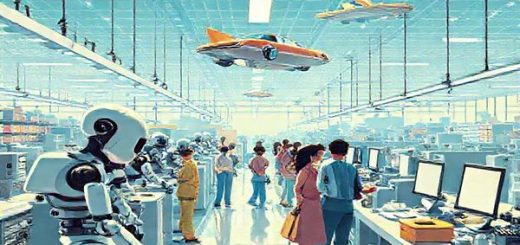 Create a high definition image that captures a 1950s futuristic vision of the workplace, blending elements of automation, robots, and remote work. Illustrate a bustling factory floor with sleek, retro robots assisting humans in a bright, airy environment. Include vibrant scenes of leisure, like families enjoying free time with flying cars in the sky. Envision a harmonious blend of technology and human creativity, surrounded by classic 1950s design aesthetics, evoking both optimism and wonder about the future of labor.