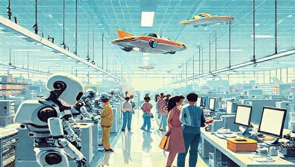 Create a high definition image that captures a 1950s futuristic vision of the workplace, blending elements of automation, robots, and remote work. Illustrate a bustling factory floor with sleek, retro robots assisting humans in a bright, airy environment. Include vibrant scenes of leisure, like families enjoying free time with flying cars in the sky. Envision a harmonious blend of technology and human creativity, surrounded by classic 1950s design aesthetics, evoking both optimism and wonder about the future of labor.