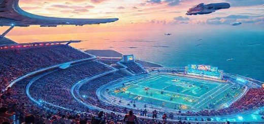 "A vibrant, futuristic sports arena from the 1950s vision, featuring jetpacks, cyborg athletes, and a floating stadium overlooking a dazzling ocean view. Fans are cheering, as holographic sports events unfold with colorful displays. The scene is filled with retro-futuristic architecture, flying cars in the sky, and diverse athletes showcasing their talents. Please render this image in high definition."