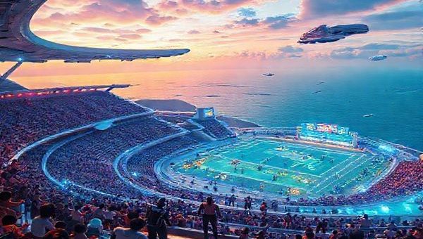 "A vibrant, futuristic sports arena from the 1950s vision, featuring jetpacks, cyborg athletes, and a floating stadium overlooking a dazzling ocean view. Fans are cheering, as holographic sports events unfold with colorful displays. The scene is filled with retro-futuristic architecture, flying cars in the sky, and diverse athletes showcasing their talents. Please render this image in high definition."