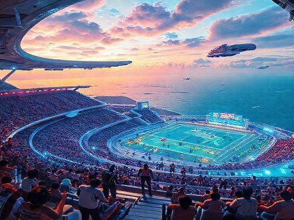"A vibrant, futuristic sports arena from the 1950s vision, featuring jetpacks, cyborg athletes, and a floating stadium overlooking a dazzling ocean view. Fans are cheering, as holographic sports events unfold with colorful displays. The scene is filled with retro-futuristic architecture, flying cars in the sky, and diverse athletes showcasing their talents. Please render this image in high definition."