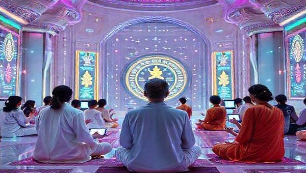 Create a high definition image illustrating a futuristic prayer setting inspired by the 1970s vision of technology-enhanced spirituality. Depict a serene and vibrant chrome temple adorned with digital screens displaying peaceful mantras and interactive meditation aids. Include diverse individuals engaging in prayer through unique devices, blending ancient traditions with modern technology and Eastern philosophies. Emphasize an atmosphere of connection and harmony between humanity and artificial intelligence, with soft, ambient lighting and a kaleidoscope of colors that evoke hope and spiritual exploration.