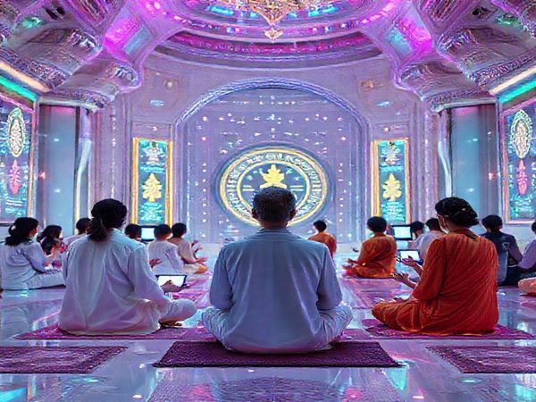 Create a high definition image illustrating a futuristic prayer setting inspired by the 1970s vision of technology-enhanced spirituality. Depict a serene and vibrant chrome temple adorned with digital screens displaying peaceful mantras and interactive meditation aids. Include diverse individuals engaging in prayer through unique devices, blending ancient traditions with modern technology and Eastern philosophies. Emphasize an atmosphere of connection and harmony between humanity and artificial intelligence, with soft, ambient lighting and a kaleidoscope of colors that evoke hope and spiritual exploration.