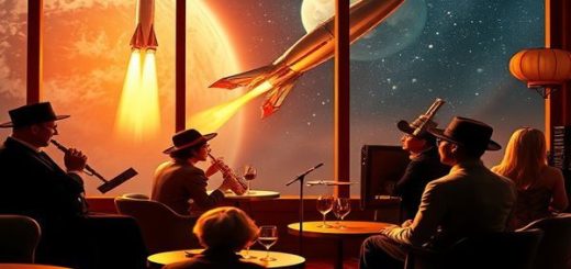 "Create a high definition image depicting a vibrant 1920s scene where flappers and jazz musicians are gathered in an art deco lounge, with a large window revealing a futuristic vision of space exploration outside—sleek rockets soaring among stars and planets. Incorporate elements of 1920s fashion and technology, blending the past with an imaginative vision of the future."