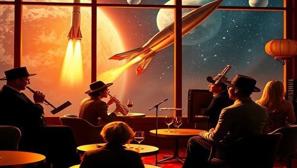 "Create a high definition image depicting a vibrant 1920s scene where flappers and jazz musicians are gathered in an art deco lounge, with a large window revealing a futuristic vision of space exploration outside—sleek rockets soaring among stars and planets. Incorporate elements of 1920s fashion and technology, blending the past with an imaginative vision of the future."