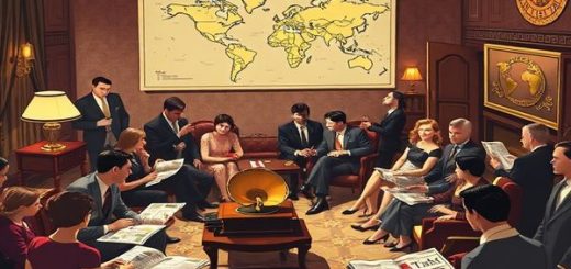 **Image Prompt:** A vibrant 1920s parlor filled with elegantly dressed people engaged in animated discussions around a gramophone. The décor features Art Deco elements, with jazz motifs and a world map showcasing the League of Nations. Incorporate glowing radios and newspapers highlighting peace talks, reflecting the optimism of the era. The atmosphere should evoke a sense of hope and ambition for global cooperation. Create this scene in high definition.