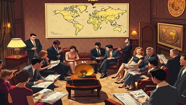 **Image Prompt:** A vibrant 1920s parlor filled with elegantly dressed people engaged in animated discussions around a gramophone. The décor features Art Deco elements, with jazz motifs and a world map showcasing the League of Nations. Incorporate glowing radios and newspapers highlighting peace talks, reflecting the optimism of the era. The atmosphere should evoke a sense of hope and ambition for global cooperation. Create this scene in high definition.