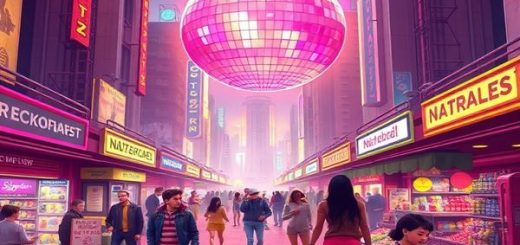 Create a high definition image of a vibrant 1970s-themed futuristic cityscape. The scene should include people wearing bell-bottoms and colorful outfits, flying jetpacks, and interacting with advanced technology, like giant screens and robots. Illustrate a disco ball reflecting lights over a bustling market filled with both traditional and digital entrepreneurs showcasing their goods. The atmosphere is filled with excitement and optimism, embodying both the dreams of the past and the evolving economic realities of today.