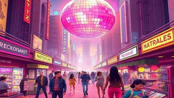 Create a high definition image of a vibrant 1970s-themed futuristic cityscape. The scene should include people wearing bell-bottoms and colorful outfits, flying jetpacks, and interacting with advanced technology, like giant screens and robots. Illustrate a disco ball reflecting lights over a bustling market filled with both traditional and digital entrepreneurs showcasing their goods. The atmosphere is filled with excitement and optimism, embodying both the dreams of the past and the evolving economic realities of today.