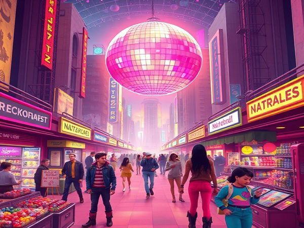 Create a high definition image of a vibrant 1970s-themed futuristic cityscape. The scene should include people wearing bell-bottoms and colorful outfits, flying jetpacks, and interacting with advanced technology, like giant screens and robots. Illustrate a disco ball reflecting lights over a bustling market filled with both traditional and digital entrepreneurs showcasing their goods. The atmosphere is filled with excitement and optimism, embodying both the dreams of the past and the evolving economic realities of today.