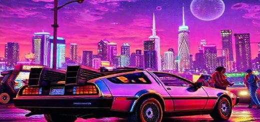 Create a high definition image of a vibrant 1980s retro scene, featuring a DeLorean time machine parked under neon lights. Surround it with elements of 1980s culture: a Rubik's Cube, arcade games, a Commodore 64, and futuristic visions like flying cars in a backdrop of a bustling city skyline. Add characters dressed in colorful 80s fashion, engaging in hobbies like gaming and DIY robotics, blending nostalgia with a sense of imagination and technological wonder. The sky should be filled with synthwave colors, creating a lively and dreamy atmosphere.