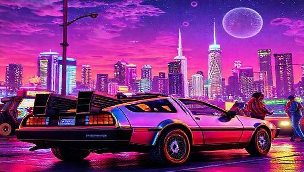 Create a high definition image of a vibrant 1980s retro scene, featuring a DeLorean time machine parked under neon lights. Surround it with elements of 1980s culture: a Rubik's Cube, arcade games, a Commodore 64, and futuristic visions like flying cars in a backdrop of a bustling city skyline. Add characters dressed in colorful 80s fashion, engaging in hobbies like gaming and DIY robotics, blending nostalgia with a sense of imagination and technological wonder. The sky should be filled with synthwave colors, creating a lively and dreamy atmosphere.