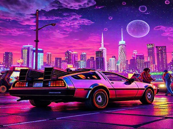 Create a high definition image of a vibrant 1980s retro scene, featuring a DeLorean time machine parked under neon lights. Surround it with elements of 1980s culture: a Rubik's Cube, arcade games, a Commodore 64, and futuristic visions like flying cars in a backdrop of a bustling city skyline. Add characters dressed in colorful 80s fashion, engaging in hobbies like gaming and DIY robotics, blending nostalgia with a sense of imagination and technological wonder. The sky should be filled with synthwave colors, creating a lively and dreamy atmosphere.
