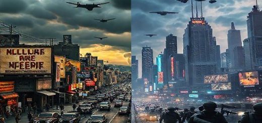 A dramatic split-image scene depicting a 1940s urban landscape on one side, filled with vintage cars and people dressed in period clothing, juxtaposed against a futuristic city skyline on the other, with drones and robotic soldiers patrolling a high-tech environment. The 1940s side features billboards showing anti-war texts and imagery of nuclear threat, while the futuristic side showcases advanced technology and stark surveillance. The sky is split from dark and ominous storm clouds to bright neon lights and holographic advertisements. High definition.