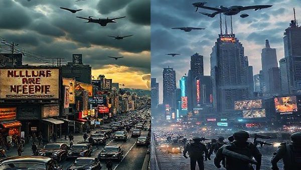 A dramatic split-image scene depicting a 1940s urban landscape on one side, filled with vintage cars and people dressed in period clothing, juxtaposed against a futuristic city skyline on the other, with drones and robotic soldiers patrolling a high-tech environment. The 1940s side features billboards showing anti-war texts and imagery of nuclear threat, while the futuristic side showcases advanced technology and stark surveillance. The sky is split from dark and ominous storm clouds to bright neon lights and holographic advertisements. High definition.