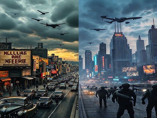 A dramatic split-image scene depicting a 1940s urban landscape on one side, filled with vintage cars and people dressed in period clothing, juxtaposed against a futuristic city skyline on the other, with drones and robotic soldiers patrolling a high-tech environment. The 1940s side features billboards showing anti-war texts and imagery of nuclear threat, while the futuristic side showcases advanced technology and stark surveillance. The sky is split from dark and ominous storm clouds to bright neon lights and holographic advertisements. High definition.