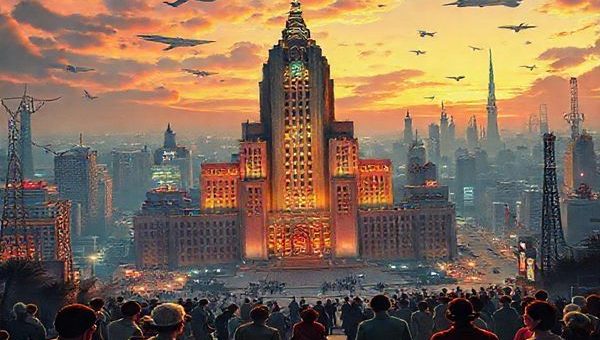 Create a high definition image of a 1940s futurist's vision of governance: a vibrant cityscape blending retro-futurism with elements of democracy and technocracy. Incorporate a grand building resembling a global governance headquarters, showcasing a harmony of diverse cultures. The sky is illuminated with futuristic flying vehicles and symbols of peace. Include people engaging in technocratic discussions, reflecting hope and anxiety about the future, with a background hinting at both prosperity and industrial remnants of the past.