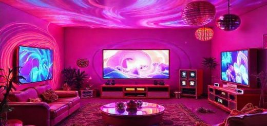 A vibrant 1970s retro-futuristic living room, featuring a holographic entertainment system with swirling neon colors and psychedelic patterns, showcasing futuristic movies playing on translucent screens. The space is filled with retro furniture, disco balls, and eclectic decor, reflecting a juxtaposition of technological optimism and artistic flair from the era. Capture this lively scene in high definition.