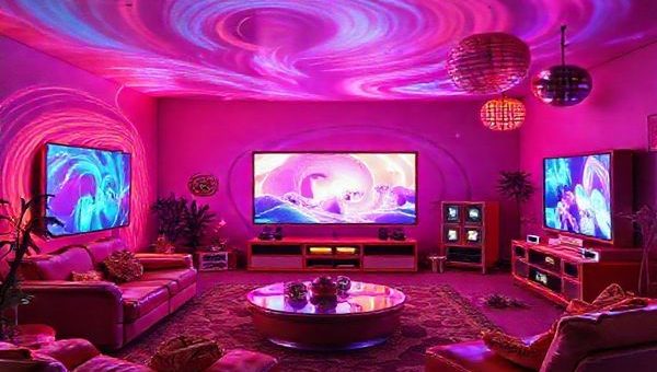 A vibrant 1970s retro-futuristic living room, featuring a holographic entertainment system with swirling neon colors and psychedelic patterns, showcasing futuristic movies playing on translucent screens. The space is filled with retro furniture, disco balls, and eclectic decor, reflecting a juxtaposition of technological optimism and artistic flair from the era. Capture this lively scene in high definition.