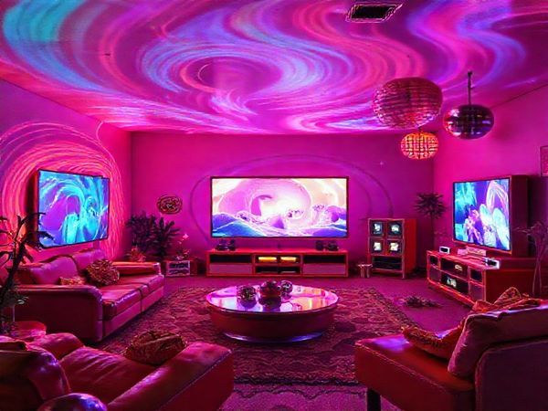 A vibrant 1970s retro-futuristic living room, featuring a holographic entertainment system with swirling neon colors and psychedelic patterns, showcasing futuristic movies playing on translucent screens. The space is filled with retro furniture, disco balls, and eclectic decor, reflecting a juxtaposition of technological optimism and artistic flair from the era. Capture this lively scene in high definition.