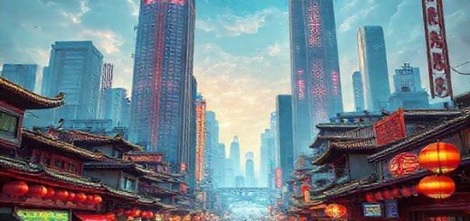 A vibrant 1980s-inspired scene depicting the bustling transformation of a Chinese city, blending elements of traditional architecture with futuristic skyscrapers and bustling markets. Include dynamic characters engaging in trade and technology, showcasing the duality of culture and modernity. Capture the optimism and energy of that era, with hints of retro technology. The sky shimmers with possibilities, reflecting the dreams of economic power. Make it in high definition.