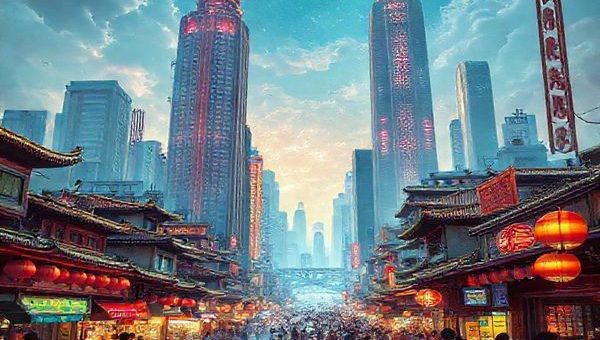 A vibrant 1980s-inspired scene depicting the bustling transformation of a Chinese city, blending elements of traditional architecture with futuristic skyscrapers and bustling markets. Include dynamic characters engaging in trade and technology, showcasing the duality of culture and modernity. Capture the optimism and energy of that era, with hints of retro technology. The sky shimmers with possibilities, reflecting the dreams of economic power. Make it in high definition.