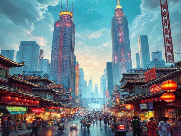 A vibrant 1980s-inspired scene depicting the bustling transformation of a Chinese city, blending elements of traditional architecture with futuristic skyscrapers and bustling markets. Include dynamic characters engaging in trade and technology, showcasing the duality of culture and modernity. Capture the optimism and energy of that era, with hints of retro technology. The sky shimmers with possibilities, reflecting the dreams of economic power. Make it in high definition.