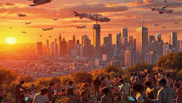 A vibrant depiction of the 1920s Jazz Age, showcasing a bustling city skyline with flying cars and robot helpers, all under a warm sunset. In the foreground, diverse individuals are collaborating in a community garden, symbolizing empathy and global support. Futuristic technology like radios and communication devices are integrated into the scene, blending past visions with modern advancements. Include elements of hope and unity, as people connect through digital devices, highlighting a tapestry of cultures working together. Create this image in high definition.