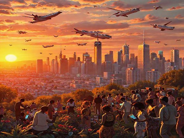 A vibrant depiction of the 1920s Jazz Age, showcasing a bustling city skyline with flying cars and robot helpers, all under a warm sunset. In the foreground, diverse individuals are collaborating in a community garden, symbolizing empathy and global support. Futuristic technology like radios and communication devices are integrated into the scene, blending past visions with modern advancements. Include elements of hope and unity, as people connect through digital devices, highlighting a tapestry of cultures working together. Create this image in high definition.