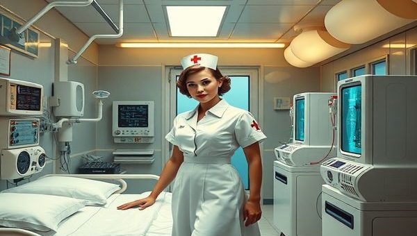 A high-definition image of a futuristic 1930s hospital scene, featuring a nurse in a vintage uniform, seamlessly interacting with advanced medical technology like an electrocardiograph and early dialysis machines. The aesthetic should blend modernist design elements with a nostalgic, warm atmosphere, showcasing the nurse as a powerful and compassionate figure, embodying both the era's dreams of technological advancement and the timeless essence of care. Include vibrant colors and intricate details that evoke the optimism and resilience of the 1930s.
