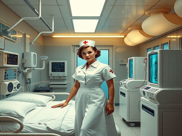 A high-definition image of a futuristic 1930s hospital scene, featuring a nurse in a vintage uniform, seamlessly interacting with advanced medical technology like an electrocardiograph and early dialysis machines. The aesthetic should blend modernist design elements with a nostalgic, warm atmosphere, showcasing the nurse as a powerful and compassionate figure, embodying both the era's dreams of technological advancement and the timeless essence of care. Include vibrant colors and intricate details that evoke the optimism and resilience of the 1930s.