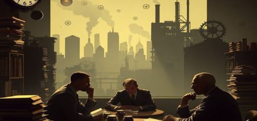A vintage 1930s scene depicting a group of thinkers in a dimly lit cafe, surrounded by stacks of books and papers, deep in discussion about consciousness and suffering. In the background, a shadowy silhouette of a cityscape emerges, symbolizing the industrial progress of the era, with steam rising and gears turning. The atmosphere blends a sense of hope and anxiety, with dreamlike elements like floating clocks and ethereal wisps of thought. The image should convey a rich interplay of light and shadow, capturing the essence of introspection and societal change during the Great Depression. Please create this in high definition.